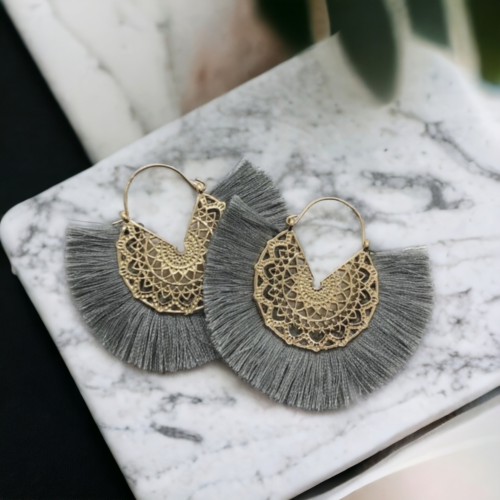 Bohemian Gray & Gold Fan Tassle Earrings